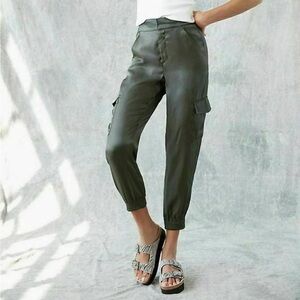 Anthropologie Shimmer Cargo Joggers Olive Green Gorgeous Wet Look Satiny EUC